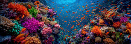 A lively underwater scene featuring a coral reef filled with a variety of colorful fish and vibrant coral formations under bright sunlight.の素材