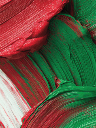 Bold red and green paint strokes intertwine with white, creating an abstract pattern that captures the essence of holiday spirit and creativity.の素材
