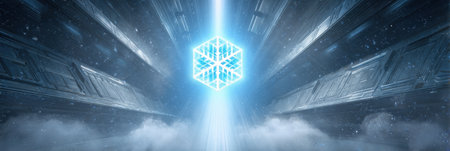 A glowing cube emits bright light in a high-tech space, with energy beams piercing a cloudy atmosphere, crafting an intense scene.の素材