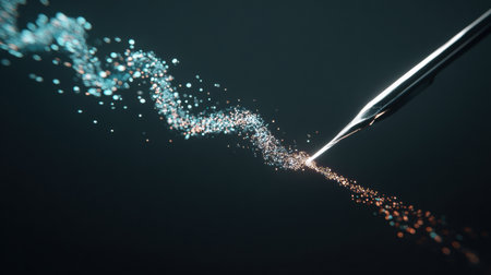 A stylus creates dynamic, colorful trails of particles in a dark setting, representing a blend of technology and creativity during a digital art session.の素材
