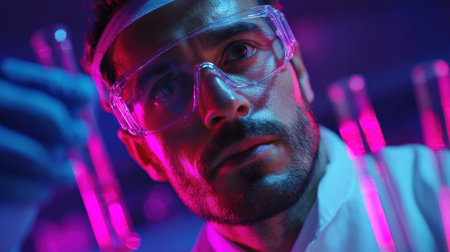 A scientist in protective gear inspects test tubes filled with colorful liquids in a vibrant laboratory, showcasing dedication to research and experimentation.の素材