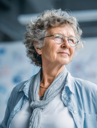 Senior woman with curly hair and glasses, dressed in a light blouse and scarf, smiles pleasantly as she gazes into the distance in a well-lit environment.の素材