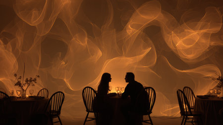 Couple shares a romantic moment during dinner in a stylish setting with warm lights and subtle decorations, creating a cozy atmosphere for connection.の素材