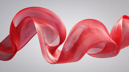 Red fabric ribbon flows smoothly, showcasing elegant curves and delicate transparency while interacting with soft lighting against a neutral backdropの素材