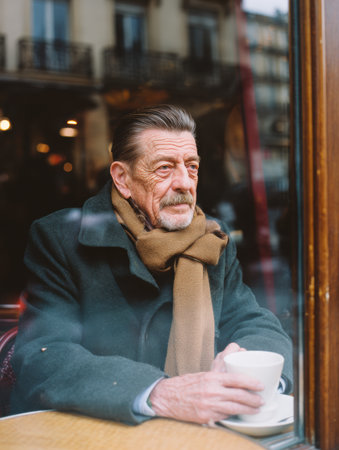 An elderly man sits at a cafe window, holding a cup of coffee while gazing outside, creating a sense of peaceful reflection and warmth.の素材