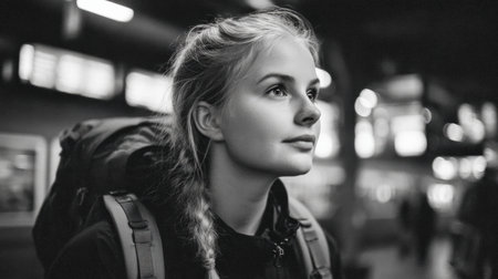 A curious young woman with a backpack stands in a busy train station, surrounded by rushing travelers and lively energy.の素材