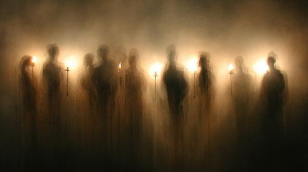 Silhouetted figures stand in a foggy environment, each holding a torch that illuminates their presence, creating a haunting and mystical scene.の素材