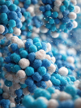 Vibrant clusters of blue and white molecules depict intricate structures in a scientific environment, highlighting the beauty of microscopic forms in motionの素材