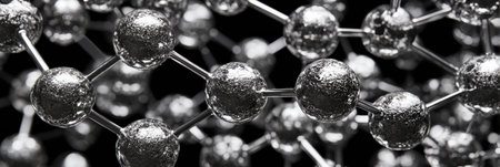 The scene features intricate metallic molecular structures with reflective surfaces and complex connections on a dark background.の素材