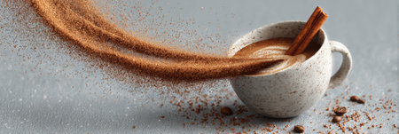 A warm cup of coffee is decorated with a sprinkle of cinnamon and a stick of cinnamon, surrounded by coffee beans on a gray surface.の素材