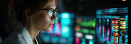 A researcher focuses on digital data across multiple screens in a dim office, highlighting their concentration and technical skills.の素材