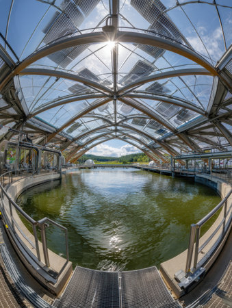 A striking water feature is surrounded by modern architecture with a transparent roof, reflecting sunlight and enhancing the serene atmosphere.の素材
