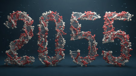 Three-dimensional design showcases the number 2055 made of colorful molecular models, emphasizing science and technology against a dark backdrop.の素材