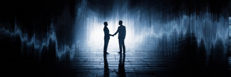 Two business professionals shake hands in a stylish office space while surrounded by artistic soundwave patterns, showcasing collaboration and agreement.の素材