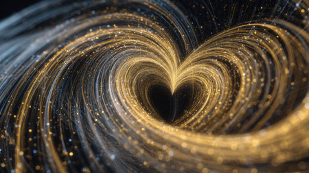 A captivating scene unfolds as golden light swirls around to create a heart shape, filled with sparkling particles in a dark atmosphere, evoking a magical feel.の素材