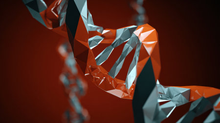 Intricate 3D representation of a DNA double helix featuring sharp geometric shapes in vibrant red and gray tones, set against a solid background.の素材