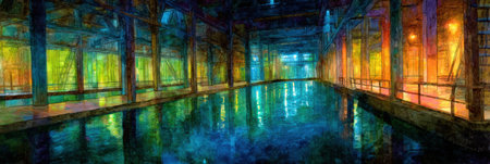 Bright colors illuminate the walls of an industrial space with a tranquil waterway reflecting vibrant hues, creating a serene atmosphere at dusk.の素材