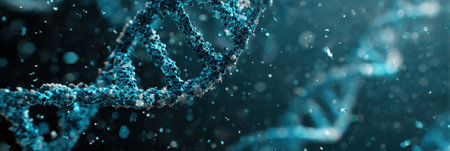 The mesmerizing details of a DNA double helix are highlighted in blue while surrounded by particles, creating an engaging representation of genetics.の素材