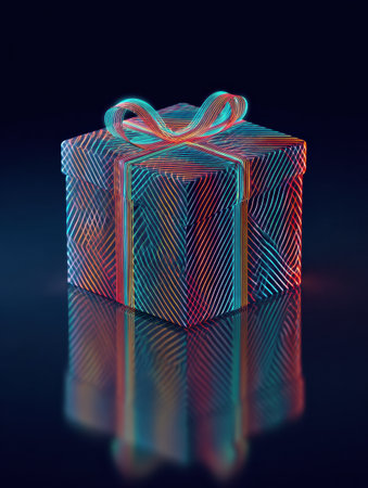 A beautifully designed gift box featuring colorful patterns and a shiny ribbon is placed on a smooth surface, creating a striking reflection in dim light.の素材