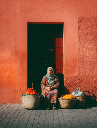 Woman in traditional dress sits at her doorway surrounded by baskets of fresh vegetables in a lively market setting under clear skies.の素材