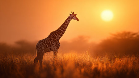 A tall giraffe stands calmly in the golden grasslands as the sun sets on the horizon, surrounded by soft, warm light and silhouettes of distant trees.の素材