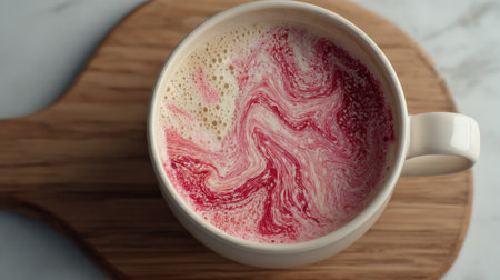 A colorful coffee drink showcases intricate swirls of cream and color, presented on a simple wooden board that adds warmth to the scene.の素材