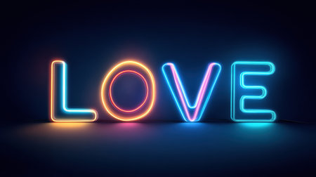 Neon letters spell love in bright colors, standing out against a dark background while creating a warm and inviting atmosphere.の素材