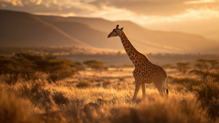 A giraffe stands tall in the golden grass of the savannah as the sun sets behind distant mountains, creating a stunning silhouette against the vibrant sky.の素材