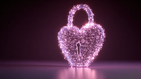 A heart-shaped lock made of sparkling lights stands out against a dark background, representing the themes of love and security in a unique way.の素材