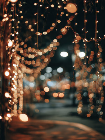 Colorful string lights create a warm, inviting glow along the street, enhancing the joyful ambiance during a night celebration in the city.の素材