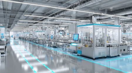 Spacious manufacturing environment features automated advanced systems and sleek production lines operating under bright overhead lights, reflecting innovation.の素材
