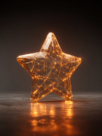 A luminous star sculpture made of interconnected lines glows warmly against a dark backdrop, creating an enchanting visual effect in a contemporary art setup.の素材