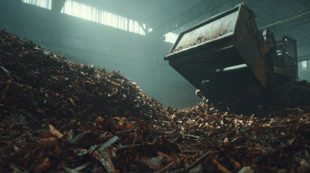 Heavy machinery moves wood chips in a spacious warehouse filled with natural light. Dust and debris create a busy atmosphere of industrial activity.の素材