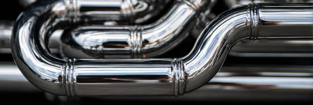 Shiny metal pipes are arranged in a complex configuration against a black backdrop, showcasing curves and reflections that catch the light.の素材