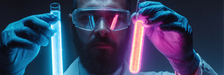A scientist holds two glowing test tubes, one blue and one pink, in a dimly lit lab, showing a moment of experimentation and discovery.の素材