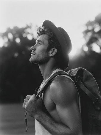 A man with a backpack stands outdoors, looking up thoughtfully as the warm light of dusk surrounds him. His hat adds to the adventurous mood.の素材