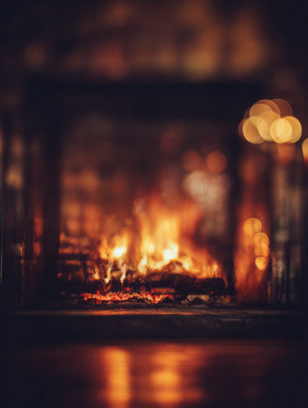 The warm glow of a fireplace creates a cozy atmosphere, filling the room with soothing light and providing a perfect backdrop for relaxation and conversation.の素材