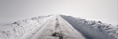 A snowy road stretches into the distance, flanked by high banks of snow, creating a serene yet eerie atmosphere on a foggy morning.の素材
