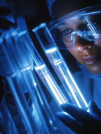 A scientist is closely examining transparent test tubes glowing in blue light, showing a meticulous laboratory environment and research in progress.の素材