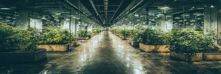 Indoor greenhouse showcases a wide array of healthy plants arranged in structured rows, reflecting advanced agricultural techniques in a controlled setting.の素材