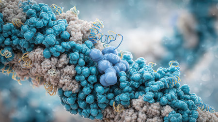 Visual representation reveals the complex arrangement of molecules in a cellular space, highlighting the beauty of biochemical interactions and patterns.の素材