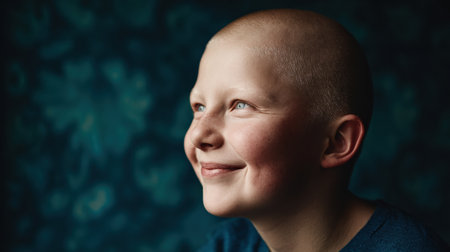 A child with a shaved head smiles brightly, looking upwards against a calming blue background. This scene captures a moment of joy and unyielding spirit.の素材