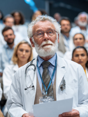 A senior doctor speaks to an engaged audience of medical professionals in a modern auditorium at an important conference.の素材