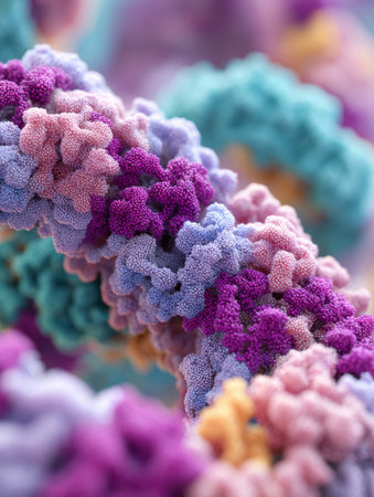 Detailed close-up view of vibrant microscopic structures showing varied colors and textures, resembling intertwined strands, likely found in a scientific study.の素材