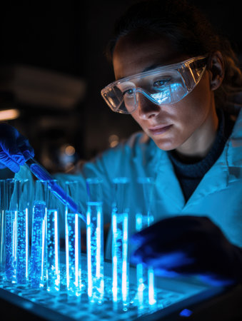 A focused scientist in a lab coat uses a pipette to add liquid to illuminated test tubes, showcasing advanced research in a late-night laboratory setting.の素材
