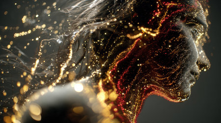 A womans face appears illuminated with vibrant, swirling particles of light.の素材