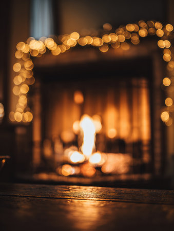 Flickering flames warm a cozy living room, adorned with twinkling lights, creating a peaceful and inviting atmosphere for winter evenings.の素材