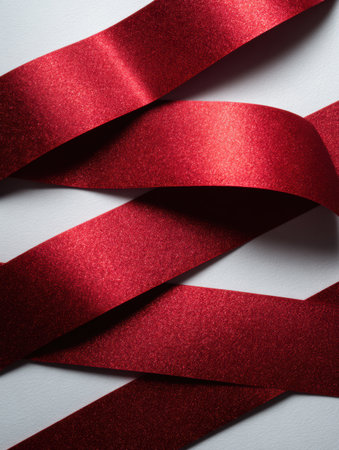 Multiple strands of luxurious red satin ribbons lie elegantly on a light surface, ideal for adding a festive touch to gifts or craft projects.の素材