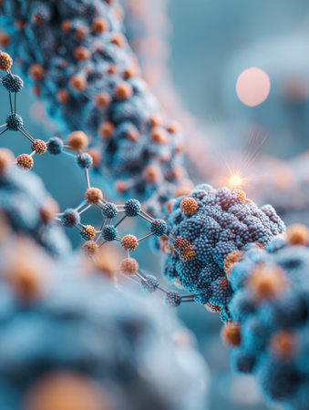A close-up view of complex molecular formations reveals detailed textures and vibrant hues, highlighting fascinating interactions in a scientific context.の素材