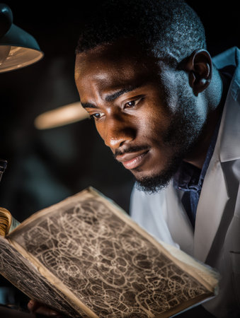 A researcher studies an old manuscript closely, illuminated by warm light in a dim laboratory, showing deep concentration and curiosity about the text.の素材